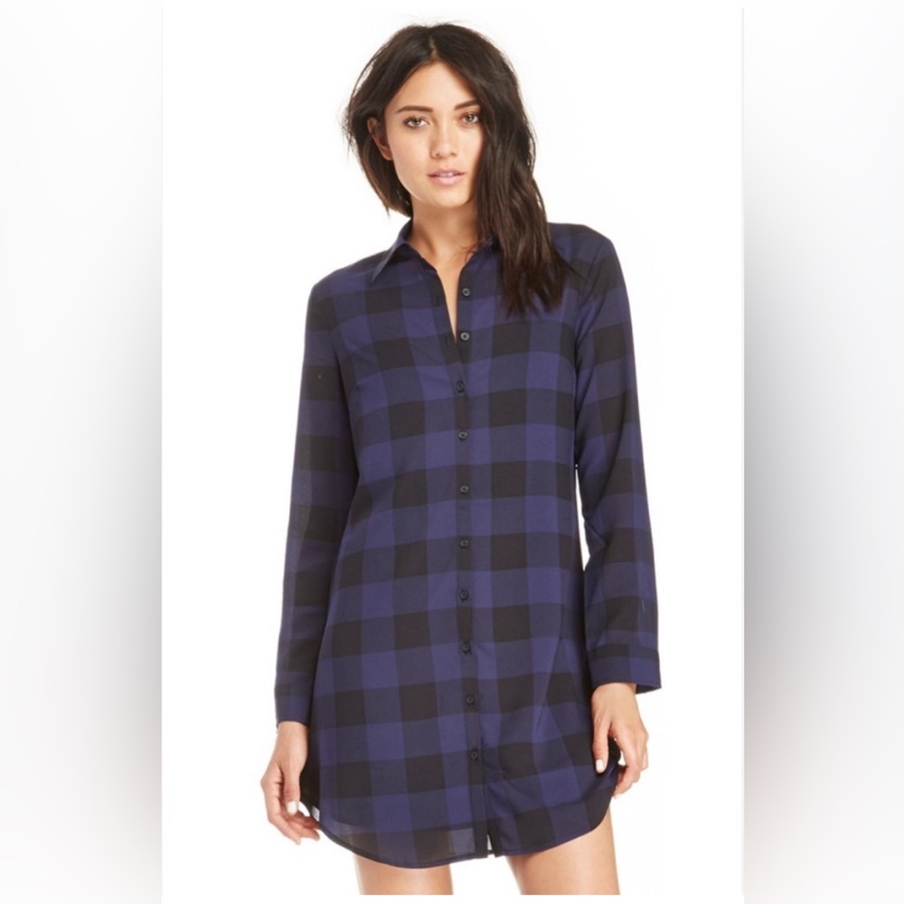 BB Dakota navy blue buffalo plaid shirt dress